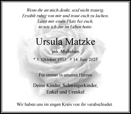 Traueranzeige von Ursula Matzke von MARKT Bad Oldesloe/Reinfeld und Stormarner Tageblatt
