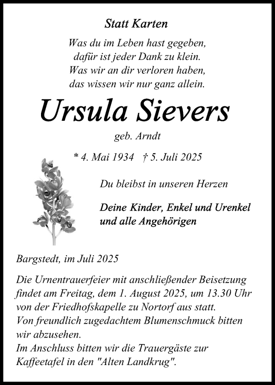 Traueranzeige von Ursula Sievers von Schleswig-Holsteinische Landeszeitung