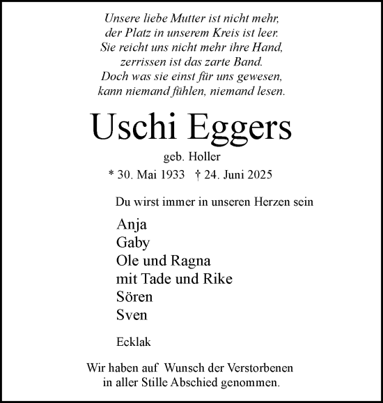 Traueranzeige von Uschi Eggers von Norddeutsche Rundschau, Wilstersche Zeitung, Glückstädter Fortuna