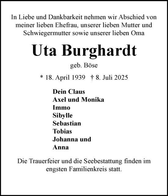 Traueranzeige von Uta Burghardt von Eckernförder Zeitung, Hallo Eckernförde