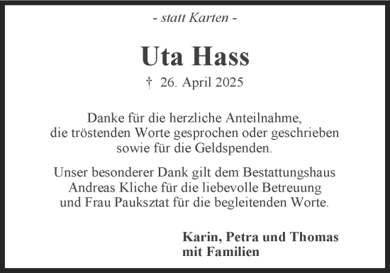 Traueranzeige von Uta Hass von Holsteinischer Courier