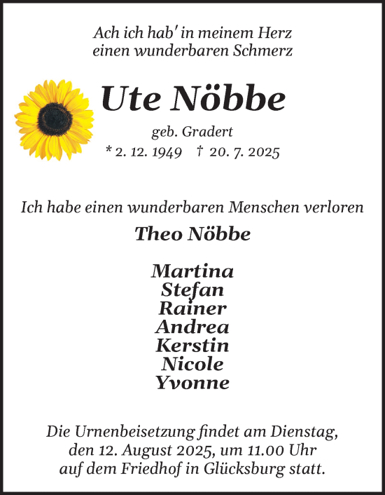 Traueranzeige von Ute Nöbbe von Flensburger Tageblatt