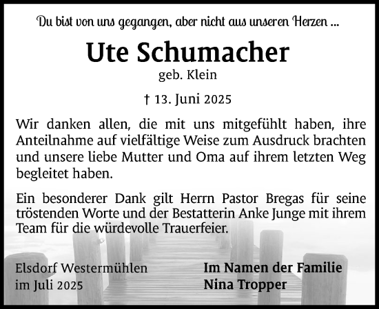Traueranzeige von Ute Schumacher von Schleswig-Holsteinische Landeszeitung