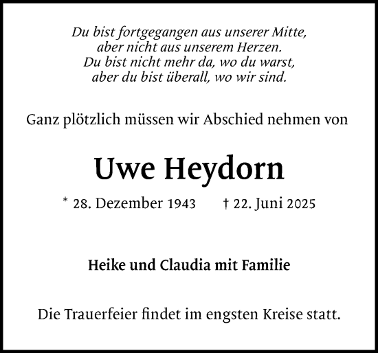 Traueranzeige von Uwe Heydorn von Region Pinneberg und tip Pinneberg
