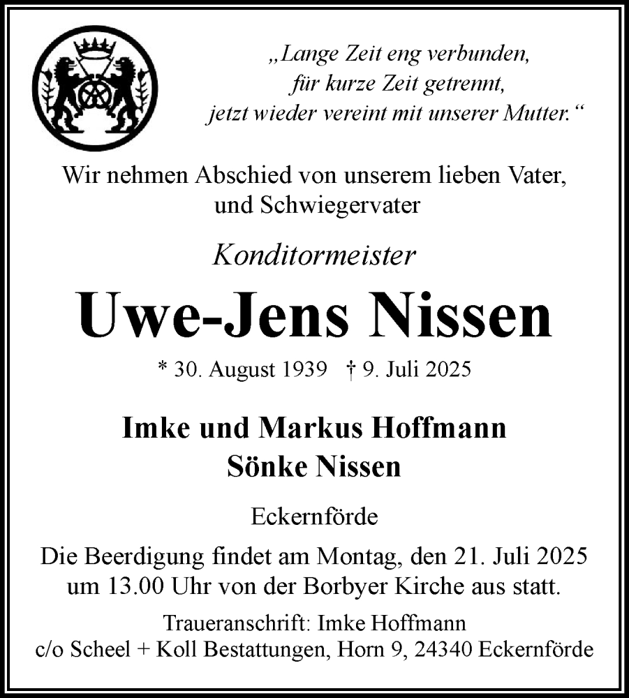  Traueranzeige für Uwe-Jens Nissen vom 19.07.2025 aus Eckernförder Zeitung, Hallo Eckernförde