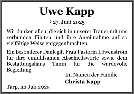 Traueranzeige von Uwe Kapp von Flensburger Tageblatt