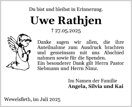 Traueranzeige von Uwe Rathjen von Norddeutsche Rundschau, Wilstersche Zeitung, Glückstädter Fortuna