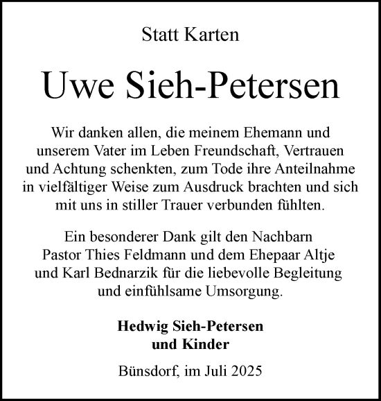 Traueranzeige von Uwe Sieh-Petersen von Schleswig-Holsteinische Landeszeitung
