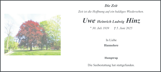 Traueranzeige von Uwe Heinrich Ludwig Hinz von Husumer Nachrichten, Nordfriesland Tageblatt