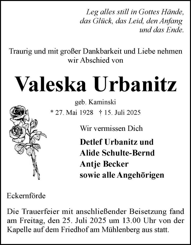  Traueranzeige für Valeska Urbanitz vom 26.07.2025 aus Hallo Eckernförde