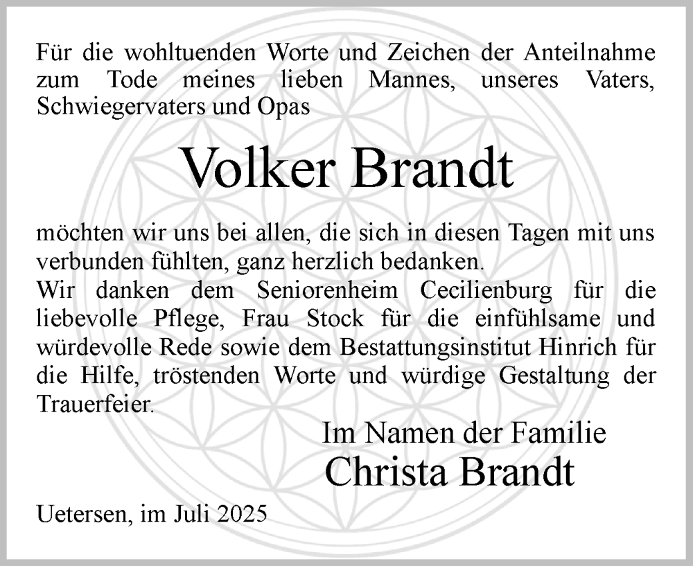  Traueranzeige für Volker Brandt vom 26.07.2025 aus Uetersener Nachrichten, Der tip am Wochenende