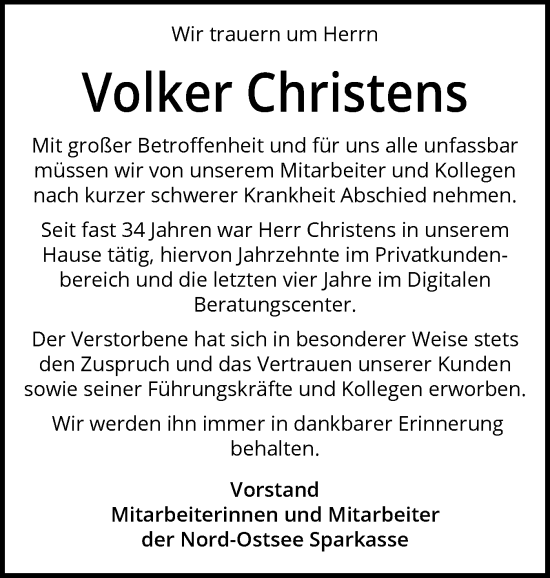 Traueranzeige von Volker Christens von Husumer Nachrichten, Nordfriesland Tageblatt