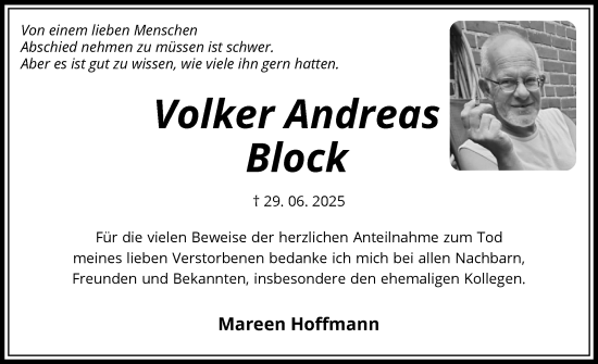 Traueranzeige von Volker Andreas Block von Flensburger Tageblatt