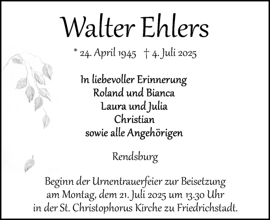 Traueranzeige von Walter Ehlers von Husumer Nachrichten, Nordfriesland Tageblatt