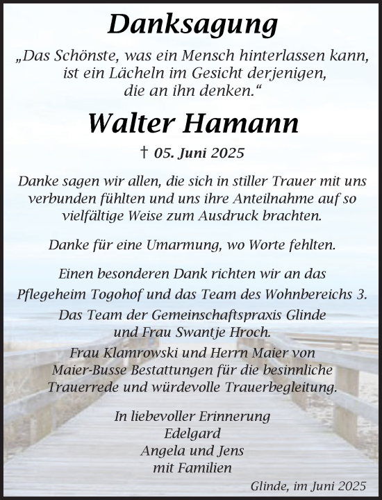 Traueranzeige von Walter Hamann von MARKT Glinde/Reinfeld