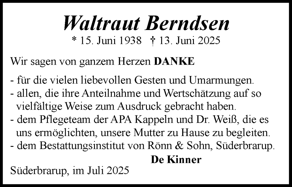  Traueranzeige für Waltraut Berndsen vom 19.07.2025 aus Schleswiger Nachrichten, Schlei-Bote