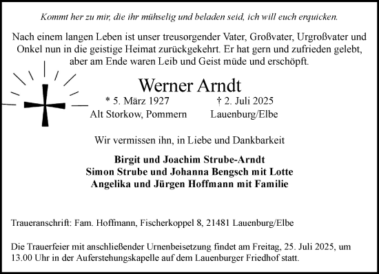 Traueranzeige von Werner Arndt von Wochenend Anzeiger