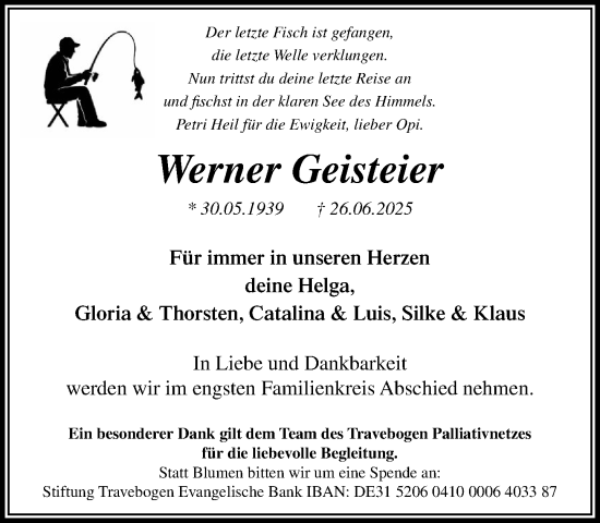 Traueranzeige von Werner Geisteier von MARKT Bad Oldesloe/Reinfeld und Stormarner Tageblatt