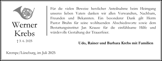 Traueranzeige von Werner Krebs von Norddeutsche Rundschau, Wilstersche Zeitung, Glückstädter Fortuna