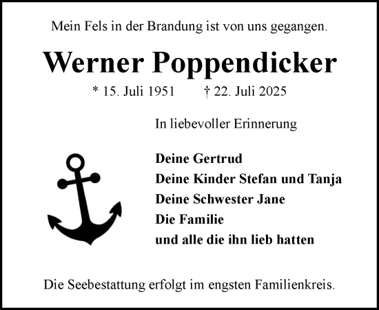 Traueranzeige von Werner Poppendicker von Flensburger Tageblatt