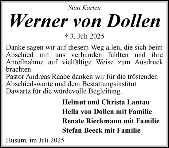 Traueranzeige von Werner von Dollen von Husumer Nachrichten, Nordfriesland Tageblatt