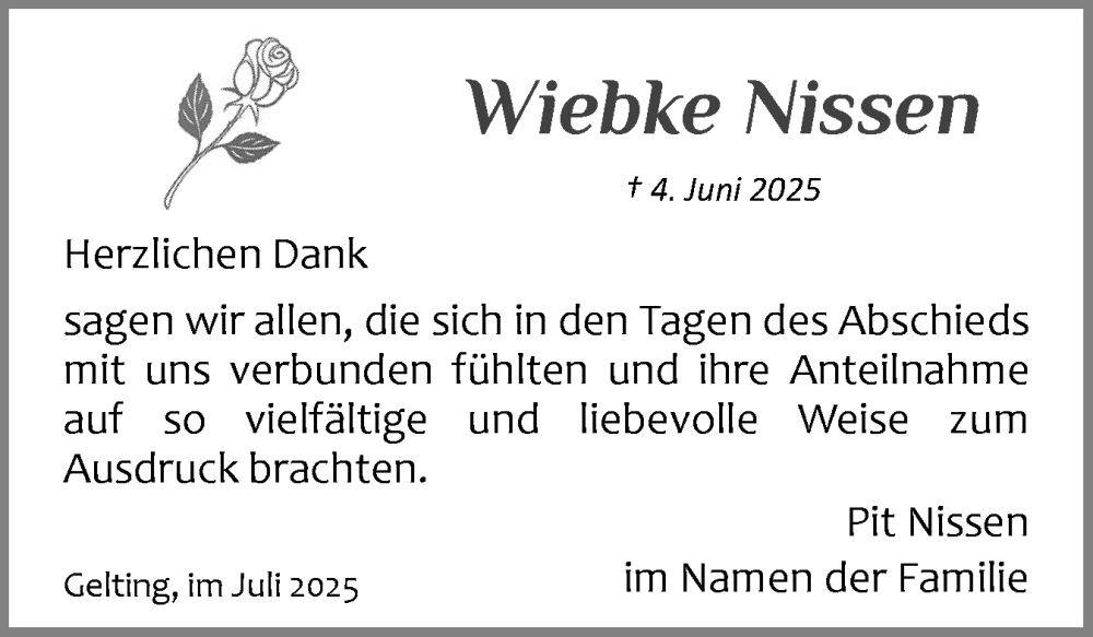  Traueranzeige für Wiebke Nissen vom 12.07.2025 aus Flensburger Tageblatt
