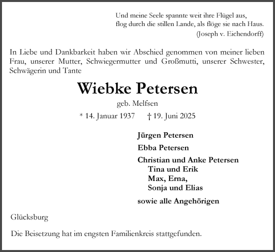 Traueranzeige von Wiebke Petersen von Region Flensburg
