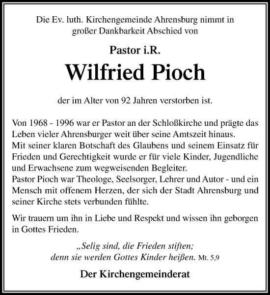 Traueranzeige von Wilfried Pioch von MARKT Ahrensburg/Bargteheide/Trittau und Stormarner Tageblatt