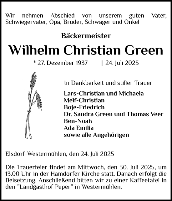Traueranzeige von Wilhelm Christian Green von Schleswig-Holsteinische Landeszeitung