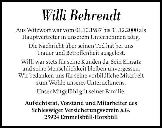 Traueranzeige von Willi Behrendt von Husumer Nachrichten, Nordfriesland Tageblatt