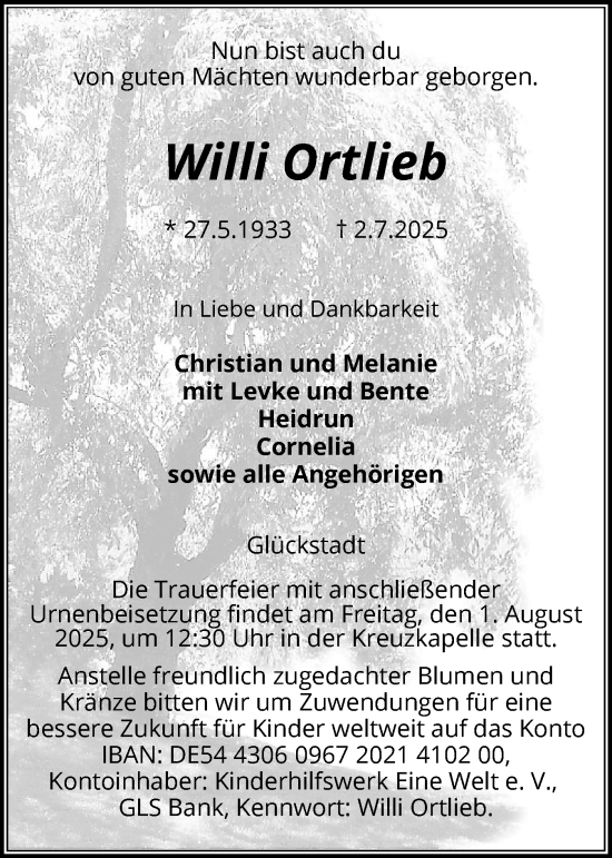 Traueranzeige von Willi Ortlieb von Norddeutsche Rundschau, Wilstersche Zeitung, Glückstädter Fortuna