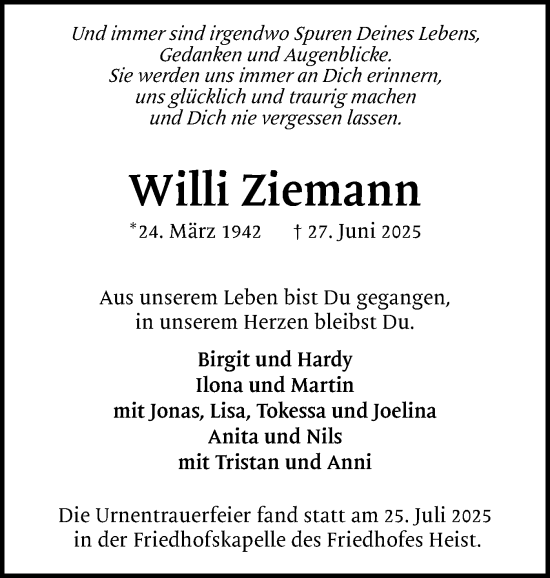 Traueranzeige von Willi Ziemann von tip Gesamtausgabe