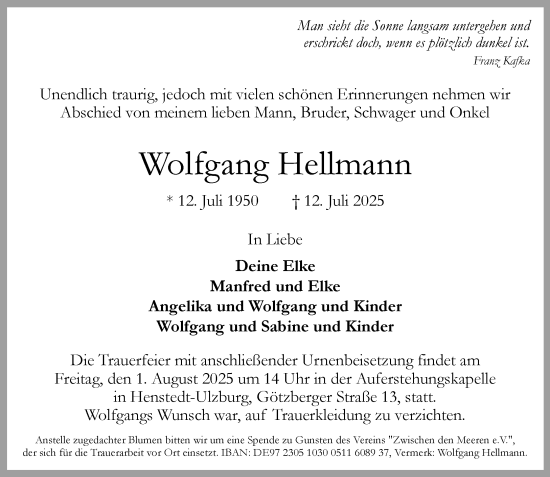 Traueranzeige von Wolfgang Hellmann von Umschau