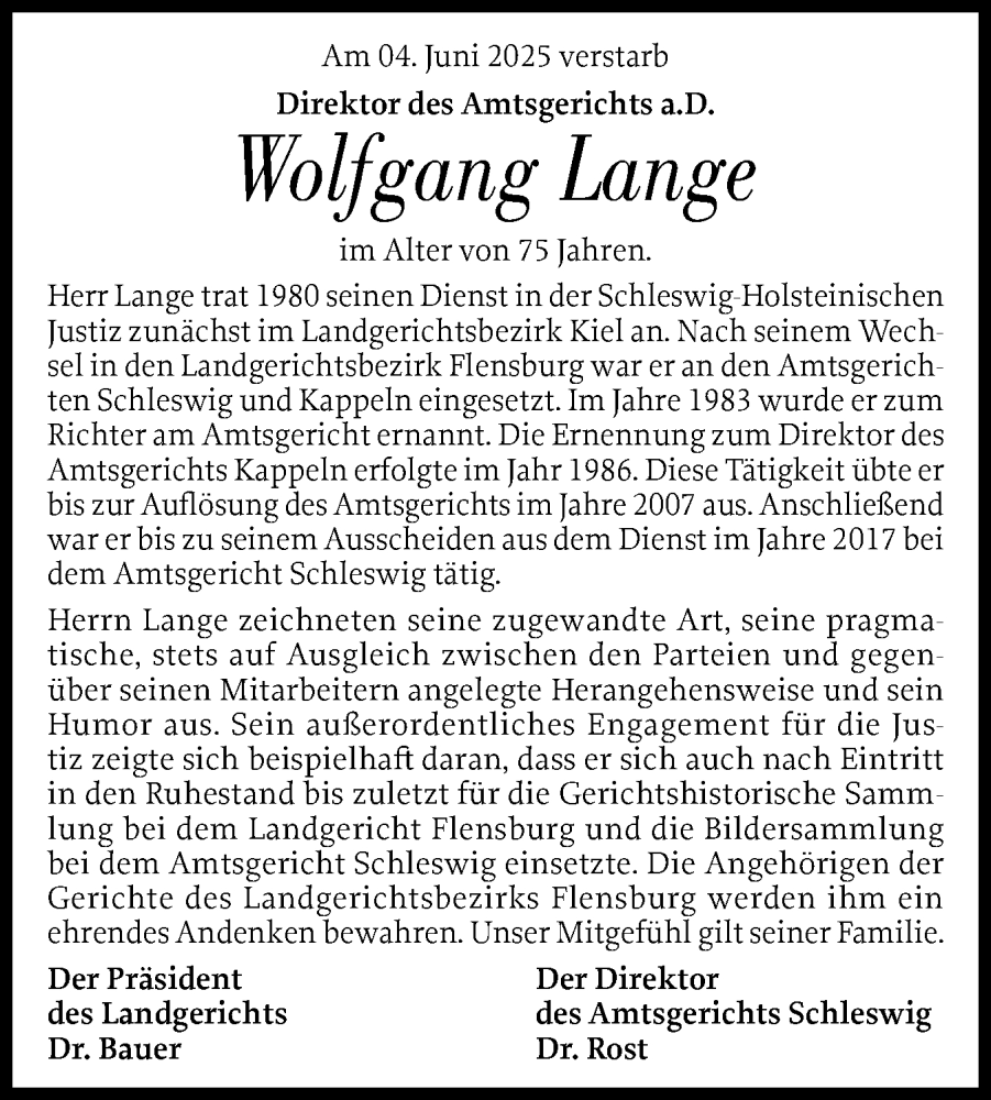  Traueranzeige für Wolfgang Lange vom 05.07.2025 aus Flensburger Tageblatt, Schleswiger Nachrichten, Schlei-Bote