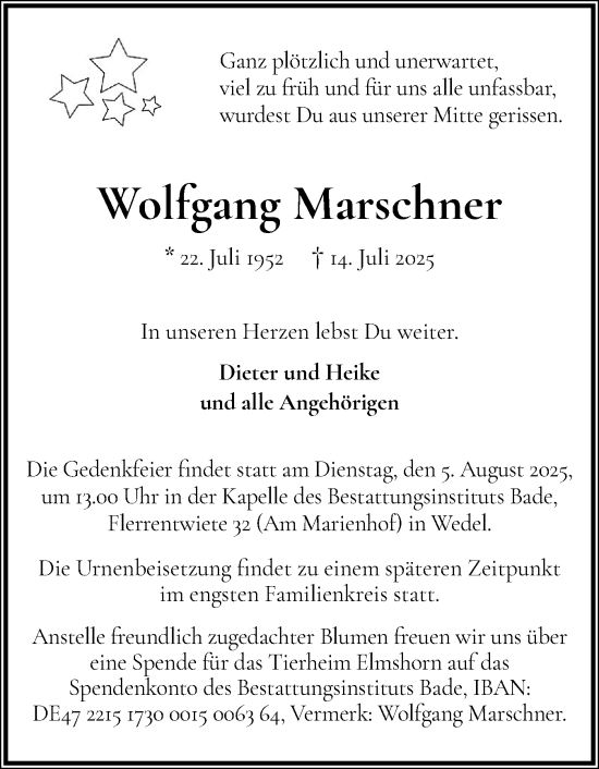 Traueranzeige von Wolfgang Marschner von Uetersener Nachrichten, Der tip am Wochenende