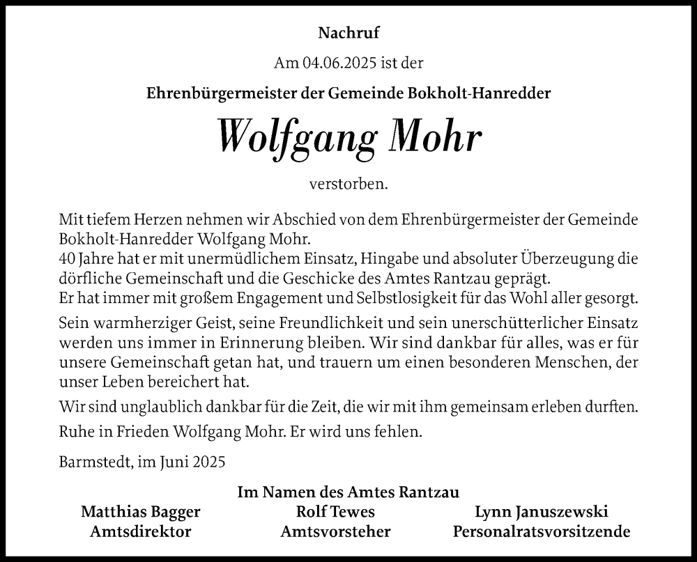  Traueranzeige für Wolfgang Mohr vom 05.07.2025 aus Elmshorner Nachrichten, Barmstedter Zeitung