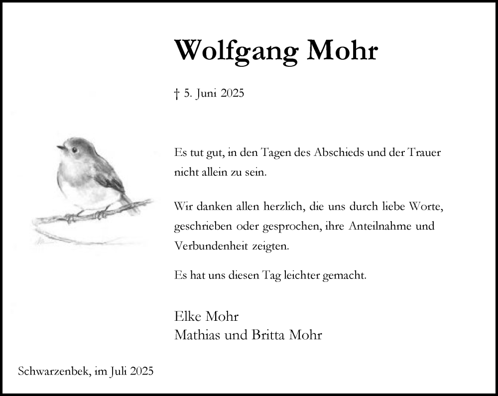  Traueranzeige für Wolfgang Mohr vom 05.07.2025 aus Wochenend Anzeiger