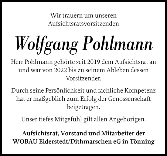Traueranzeige von Wolfgang Pohlmann von Region Flensburg