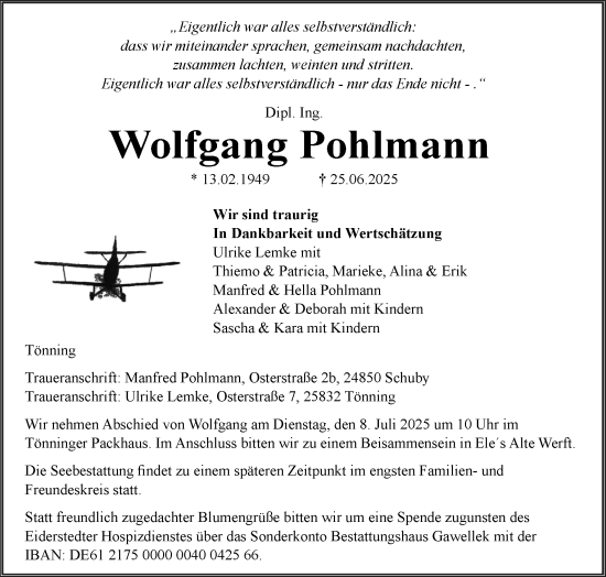 Traueranzeige von Wolfgang Pohlmann von Region Flensburg