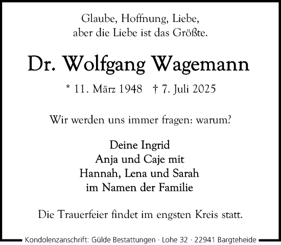 Traueranzeige von Wolfgang Wagemann von MARKT Ahrensburg/Bargteheide/Trittau und Stormarner Tageblatt