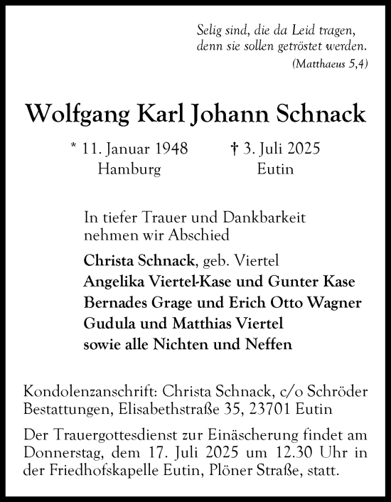 Traueranzeige von Wolfgang Karl Johann Schnack von Ostholsteiner Anzeiger