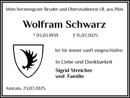 Traueranzeige von Wolfram Schwarz von Der Insel-Bote