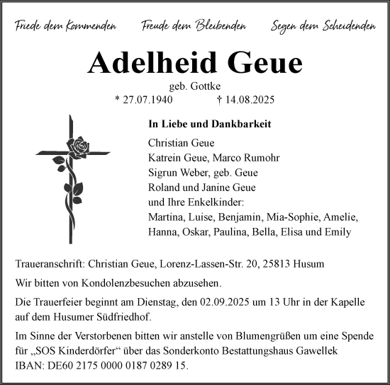 Traueranzeige von Adelheid Geue von Husumer Nachrichten, Nordfriesland Tageblatt