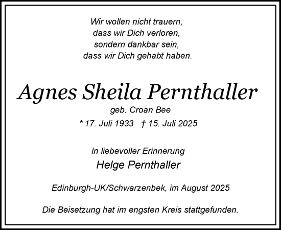 Traueranzeige von Agnes Sheila Pernthaller von Wochenend Anzeiger