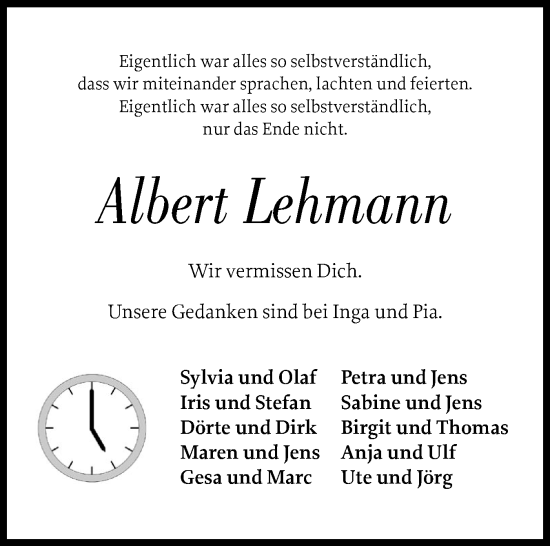 Traueranzeige von Albert Lehmann von Schleswig-Holsteinische Landeszeitung