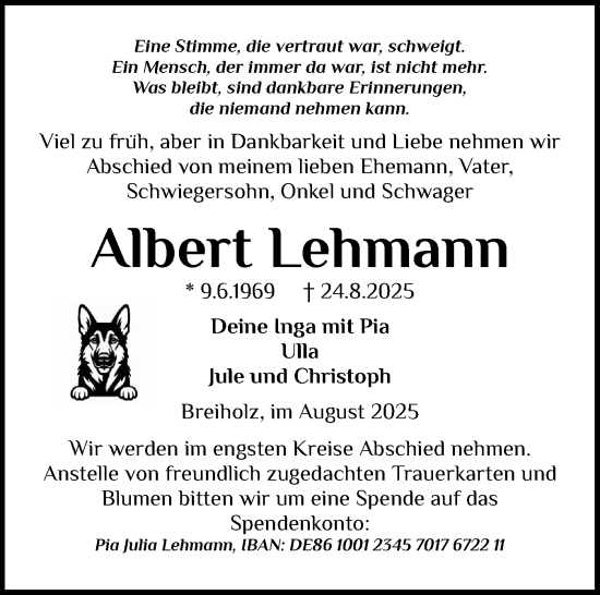 Traueranzeige von Albert Lehmann von Schleswig-Holsteinische Landeszeitung