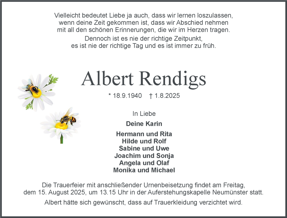  Traueranzeige für Albert Rendigs vom 09.08.2025 aus Holsteinischer Courier