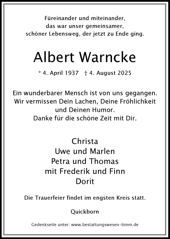 Traueranzeige von Albert Warncke von Region Pinneberg und tip Pinneberg