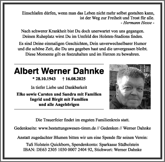 Traueranzeige von Albert Werner Dahnke von Umschau