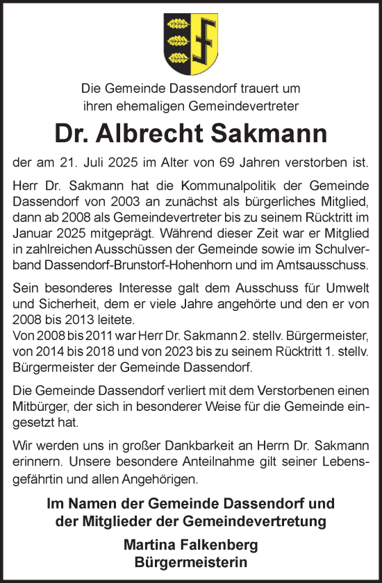 Traueranzeige von Albrecht Sakmann von Wochenend Anzeiger